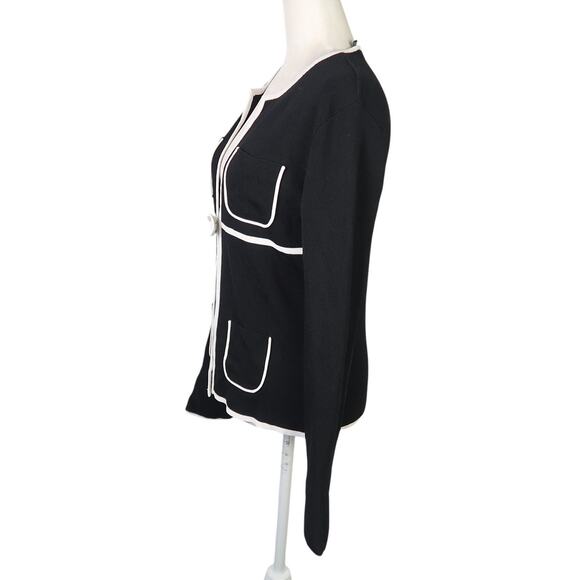 Vintage 90s BCBGMAXAXRIA Black and White Trim Bow Cardigan Sweater M - Picture 3 of 9